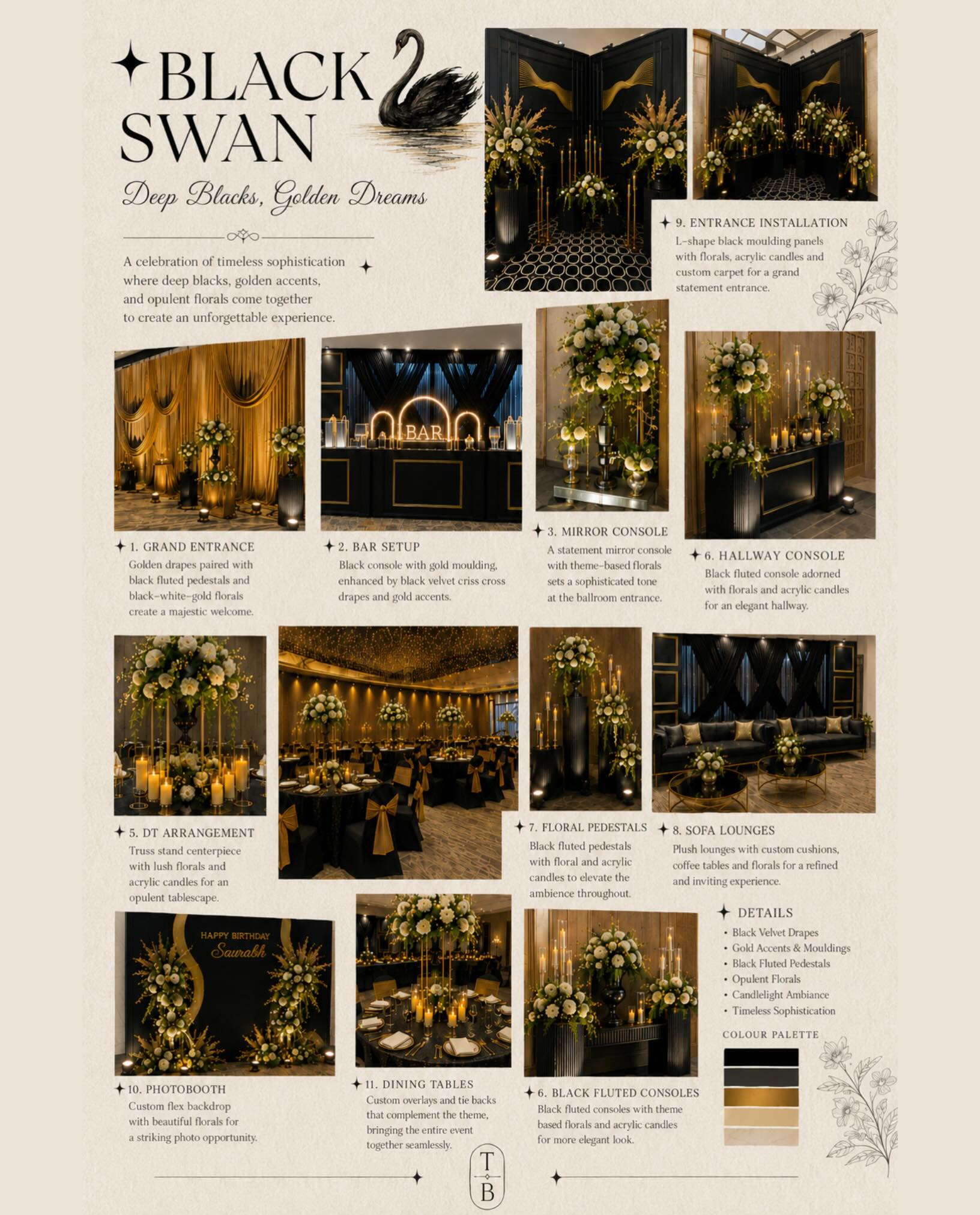 Black Swan — deep blacks, golden dreams spread